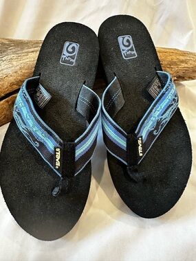 Teva Black Flip Flops with Blue Striped Webbing